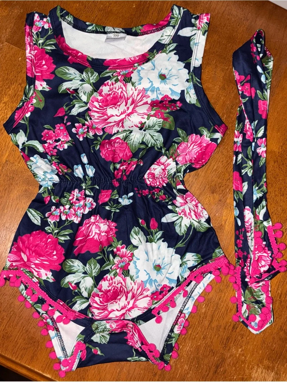 Navy Floral Girls' One-Piece Bodysuit with Pink Trim